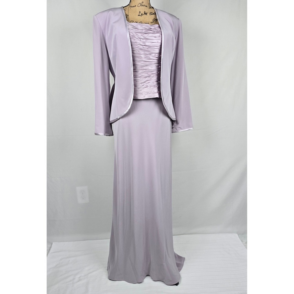 Montage by Mon Cheri Lavender Pearl Ruched Gown & Bolero Jacket Set Size 16
